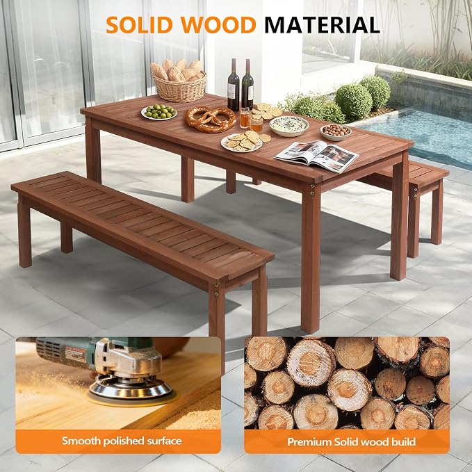 VINGLI 3-Piece Outdoor Dining Set, 69" Rectangular Wood Patio Table with 2 Benches, All-Weather Brown Fir Patio Furniture Set for Garden, Backyard, Lawn, Deck