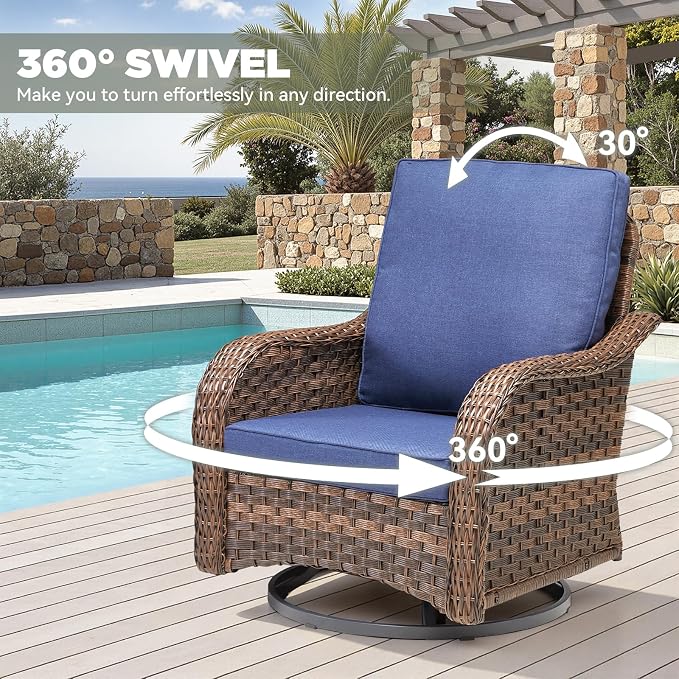 6 PCS Patio Furniture Set, 2 Outdoor Wicker Loveseat Sofas & 2 Swivel Rocking Chairs with 2 Ottomans, 4-Inch Thick Olefin Cushions, 300 lbs Capacity Rattan Conversation Set for Porch, Blue