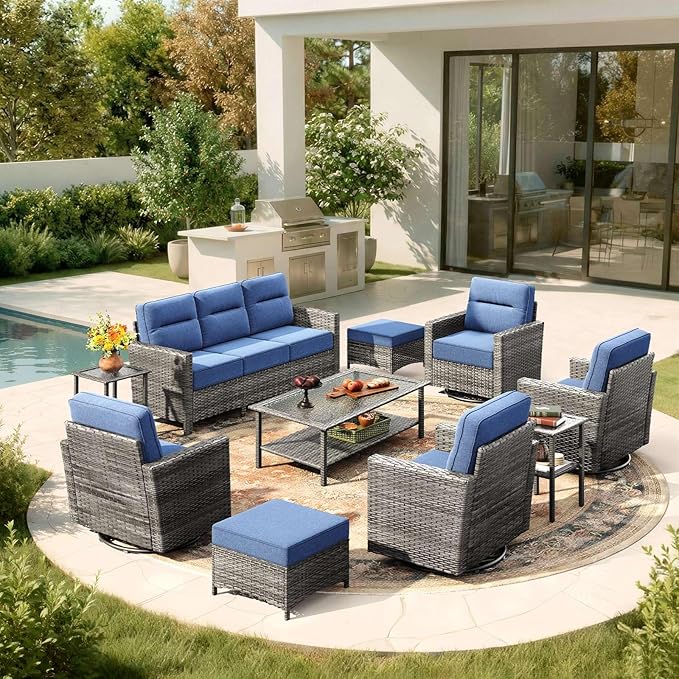 Luxury 10-Piece Patio Furniture Set with 6-Inch Thick Cushions, Outdoor Couch and Swivel Rocker Chairs, Wicker Conversation Set for Porch, Deck, Yard, Pool in Blue