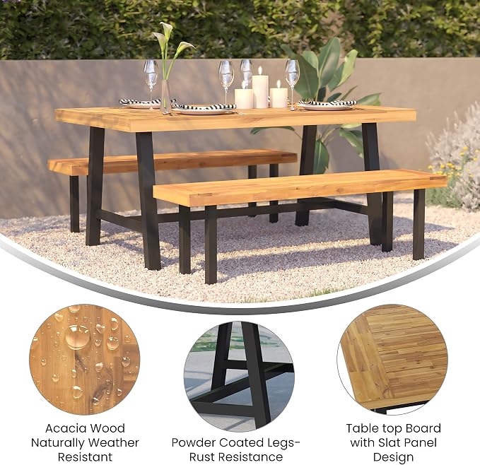 Flash Furniture Rafe Commercial Grade Acacia Wood Dining Table with Metal Base, Indoor/Outdoor Rectangle Patio Table with Plank Style Table Top, Natural/Black