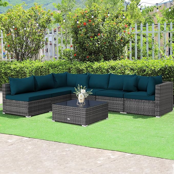 Tangkula 7 Piece Patio Wicker Furniture Set, Outdoor Rattan Sectional Sofa Set for 6 with Seat & Back Cushions, 2 Throw Pillows, Sofa Fastener Clips, for Backyard, Poolside, Deck (Peacock Blue)