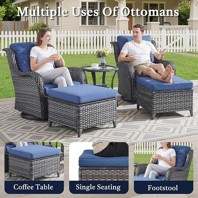 Outdoor Patio Furniture Set-5 Piece Outdoor Swivel Rocker Chairs with Ottomans Patio Furniture Set for Deck Balcony Poolside Backyard-Grey/Blue