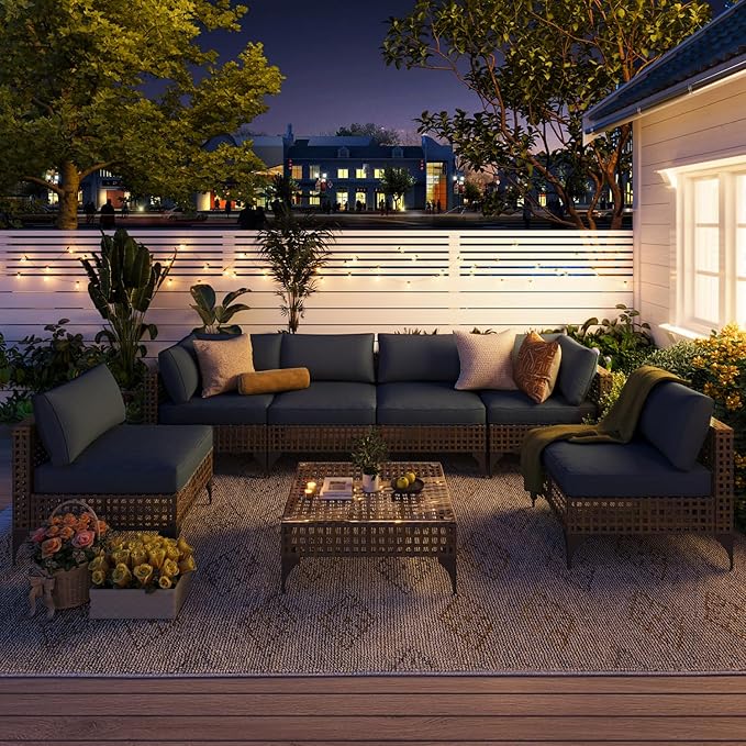 AECOJOY 7-Piece Patio Outdoor Furniture Set with Tea Table, Boho Outdoor Sectional Furniture Sofa PE Rattan Wicker Conversation Set, Dark Brown Rattan&Dark Grey Cushions