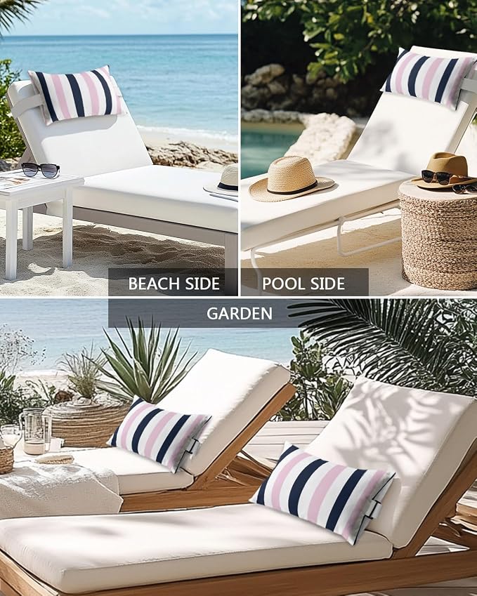 Outdoor Pillows Waterproof Covers Set of 2, Navy Blue Pink Stripes Adjustable Elastic Chaise Lounge Headrest Pillow Covers, Contrast Striped Lumbar Pillow for Pool Patio Furniture 20x12 Inch