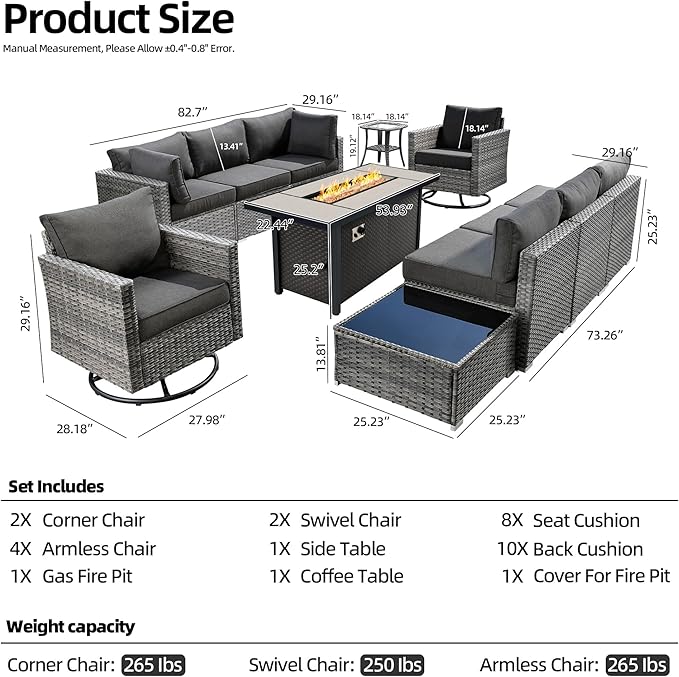 11 Piece Outdoor Patio Furniture Set with 53" Fire Pit Table, Wicker Sectional Conversation Set Whit Swivel Chairs,Modern Outside Sofa for Balcony Backyard(Black)