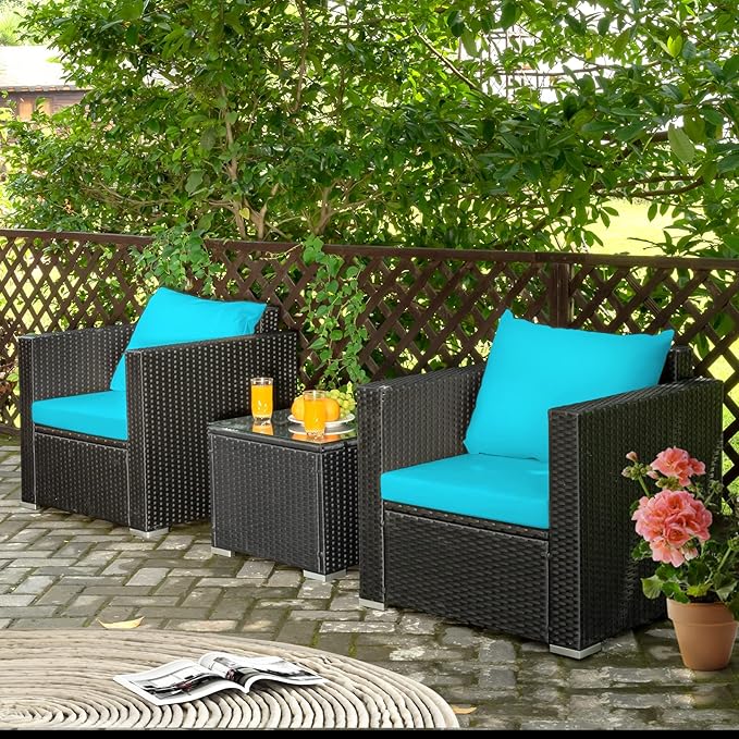 3 Pieces Patio Conversation Set Outdoor Rattan Wicker Furniture Set with Water-Resistant Cushion & Tempered Glass Tabletop, Wicker Chair for Porch, Balcony, Backyard(Turquoise)