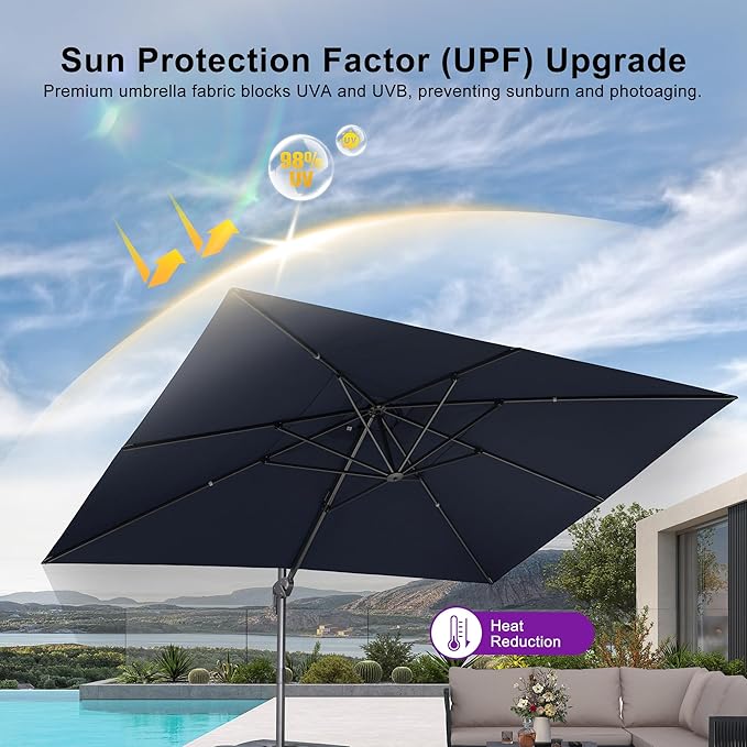 PURPLE LEAF Patio Umbrella 10' X 13' Rectangle Cantilever Umbrella Large Aluminum Outdoor Umbrellas with 360-degree Rotation & UPF40+ Premium Fabric for Deck Pool Garden Yard, Ocean Slate