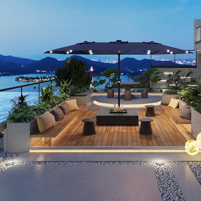 15FT Outdoor Patio Umbrella,Double-Sided Rectangle Market Umbrella with 36 LED Solar Lights & Base,UV50+ Weather-Resistant Oversized Outdoor Umbrella,Crank Lift,3-Way Shade for Pool,Garden,Backyard