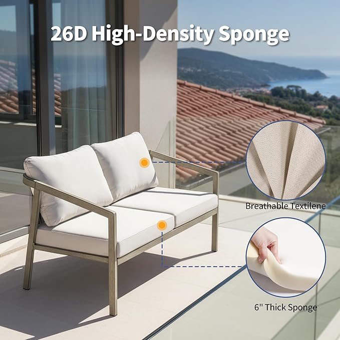 Patio Conversation Sets Outdoor Loveseat Sofa, Aluminum Patio Sofa Chairs with Washable Thick Cushions, Modern All-Weather Patio Furniture Sets for Garden, Backyard, Porch (Grey+Beige)