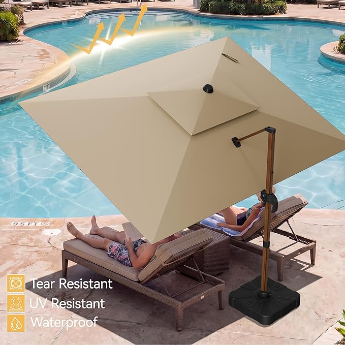 10x13 FT Wood Pattern Patio Umbrella with Base, Large Deluxe Cantilever Rectangular Double Top Heavy Duty Offset Umbrellas with 360° Rotation, Outdoor shade for Garden Pool Patio, Tan
