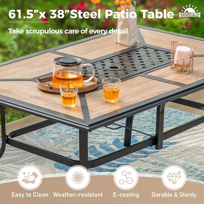SUNSHINE VALLEY 7 Pcs Patio Dining Set for 6, Rectangular Metal Dining Table (PVC Table Top) with Umbrella Hole and 6 Chairs, Outdoor Dining Set for Lawn Garden Deck, Red