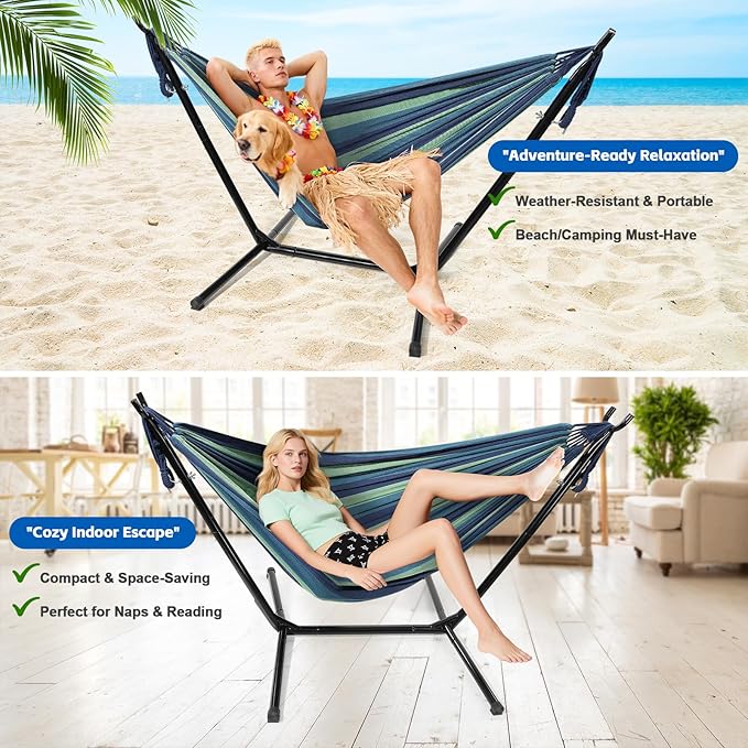 Hammock with Stand for Outside Indoor Heavy Duty Metal Hammock Holds 600lbs Portable Camping Hammock with Carrying Bag for Patio Beach Backyard