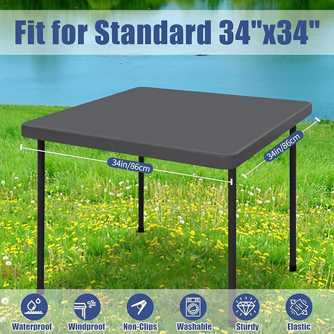 Moosfor Spandex Picnic Table Cloth 2 Pack, Elastic Fitted Tablecloths for Square Tables, Stretch Washable Patio Table Cover for Outdoor, Camping, Banquet and Parties (Dark Grey, 34"x34")