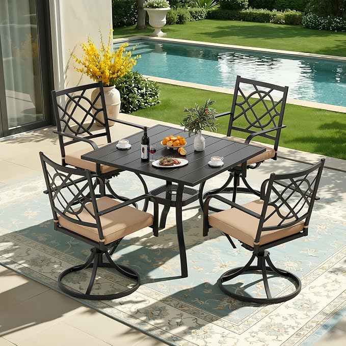 Oakcloud 5-Piece Metal Outdoor Patio Furniture Outdoor Dining Set, 4 Metal Swivel Chairs and Square Dining Table with Umbrella Hole