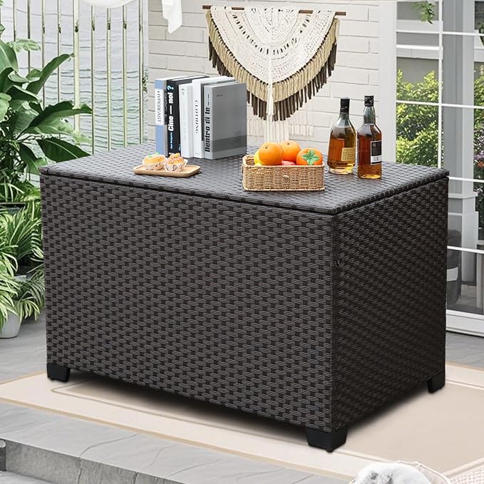 Rattan Star 140 Gallon Patio Storage Bin Wicker Outdoor Storage Box Waterproof Lining Bag Large Deck Box and Cushion Storage Bin Outdoor, Brown Wicker