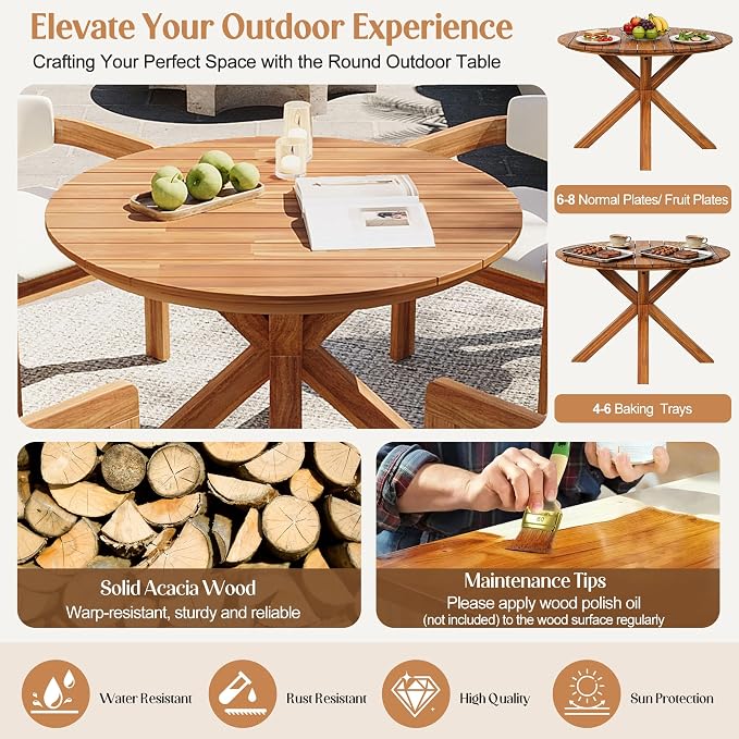 SOFTSEA 5-Piece Outdoor Acacia Wood Dining Set, All-Weather Round Dining Table and 4 Upholstered Chairs for Backyard Deck Poolside, Beige
