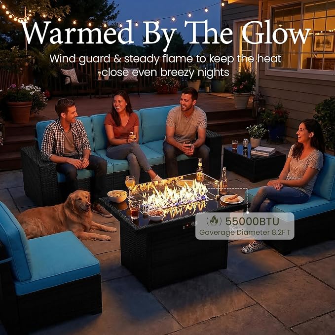 LayinSun 7 Pieces Outdoor Patio Furniture Set with 44" Fire Pit Table Rattan Sectional Sofa Conversation Sets