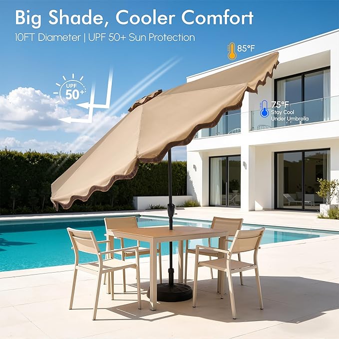 Weaxty 10FT Patio Umbrella, Trendy Color Scalloped Edge, UV-Resistant Canopy Outdoor Table Market Umbrella, Tilt Adjustment, Crank, Heavy-duty 8 Ribs for Backyard Poolside Deck Beach Lawn Backyard