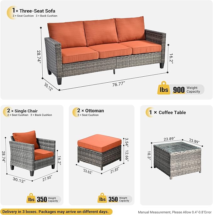 ovios 6 Pieces Patio Furniture Set, Outdoor Wicker Rattan Sofa Couch with Glass Table, Chairs, Comfy Cushions, Conversation Sets for Porch Deck Garden, Orange Red