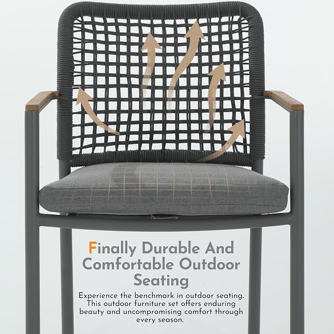Modern Shade Riviera Outdoor Dining Chairs Set of 2, Fade Resistant, All-Aluminum Woven Rope Outdoor Chairs with FSC Teak Wood Armrests, Weather-Resistant Patio Chair with Quick Dry Cushion, Gray