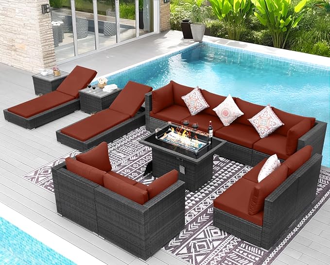 NICESOUL 13 Piece Outside Patio Set with Fire Pit Table, Non-Fading All Weather Deck Furniture Sets with Sun Loungers, Comfy Big Exterior Seat 10-Seater for Garden, Grey Wicker & Burgundy Cushion