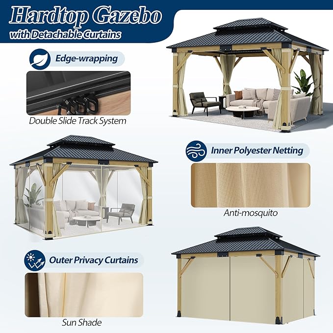 COVERONICS 11FT x 13FT Outdoor Wood Gazebo - Patio Wooden Gazebo with Galvanized Steel Hardtop, Heavy-Duty Double Roof Gazebos with Netting & Curtains for Garden, Poolside, Deck, Backyard