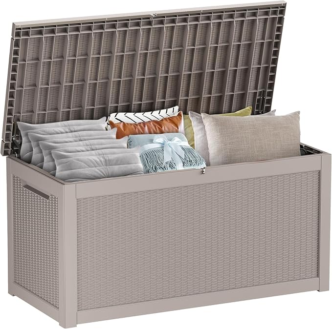 Deck Box Large Outdoor Storage for Patio Furniture,Outdoor Cushions,Garden Tools and Pool Supplies,Waterproof,Resin,Lockable (Grey, 267 Gallon)