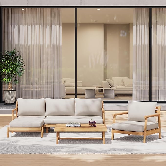 Christopher Knight Home Jorine Patio Chat Set, Acacia Wood Accent Chair, Slat Panel Coffee Table, Sectional L Shaped Sofa, Loveseat and Lounge Chair, Outdoor Conversation Set for Yard, Teak+Beige