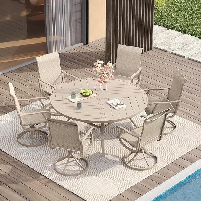VICLLAX 47.2" Round Patio Table with Umbrella Hole, All Weather Metal Outdoor Dining Table for 6, Outside Table with Storage Shelf for Lawn Garden, Sandshell Color