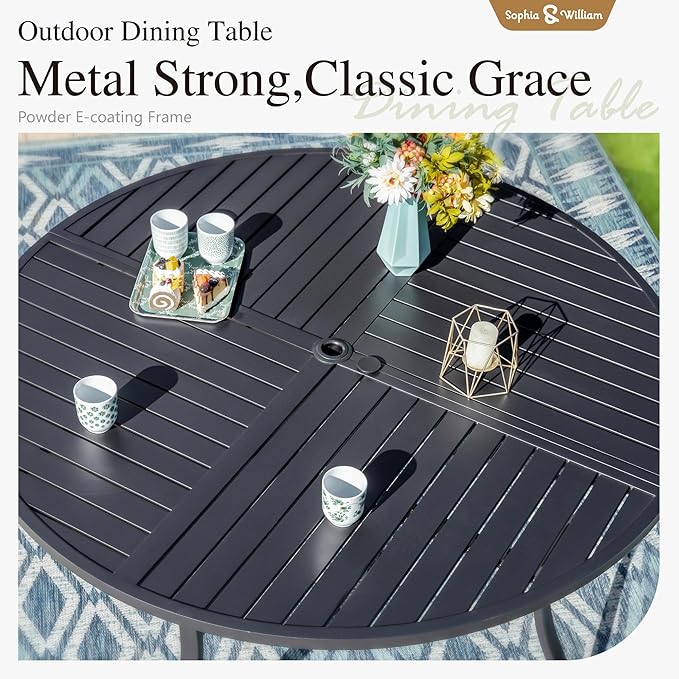 Sophia & William Round Patio Dining Set for 4 with Aluminum Chairs, Blue | Metal table, Stackable sling chairs, Breathable & quick-drying, Light-weight & space-saving, Umbrella Hole, Outdoor, 5 piece