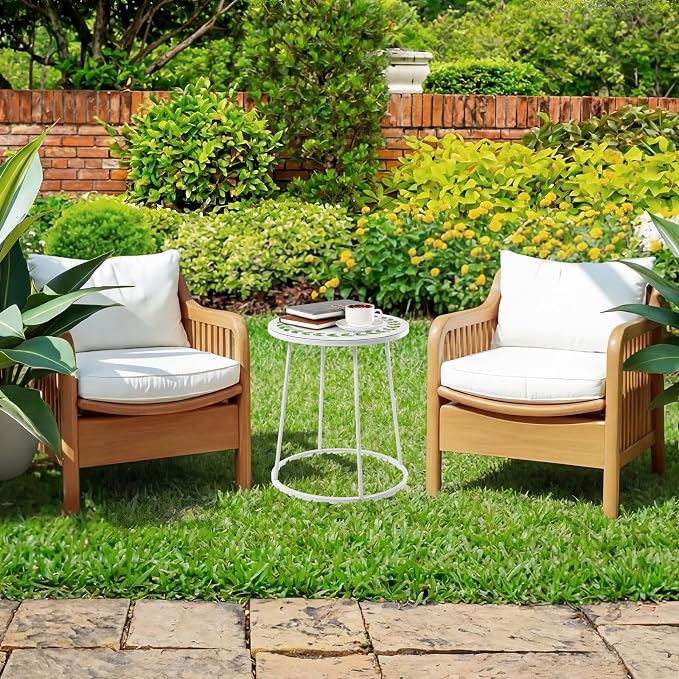 Vercraft Small Outdoor Side Table, 14" Patio Side Tables with Flower Cut Outs Weather Resistant Metal Outdoor End Table for Patio Outside Porch Balconies Garden(White,Simple)