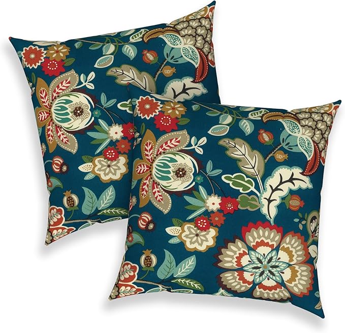 Outdoor Throw Pillows 16x16 Inch, Water Repellent Patio Pillows with Inners Set of 2 for Patio Furniture Home Garden, Peacock Blue