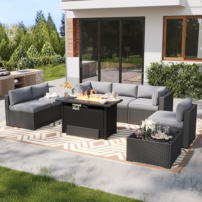 LazySunsets 8 Piece Outdoor Patio Furniture Set with 44'' Fire Pit Table, Outdoor Patio Furniture Set with Thicken Cushion, Wicker Rattan Outdoor Conversation Set for Backyard & Garden, Light Grey