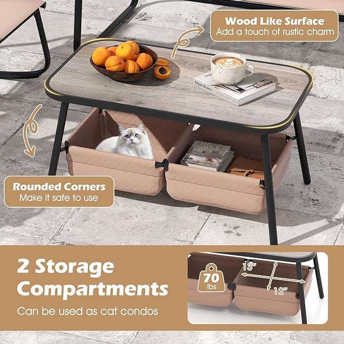 Tangkula 8 Pieces Patio Furniture Set with 2 Rocking Bistro Chairs, Outdoor Conversation Set with 2-Tier Coffee Table and Breathable Fabric Chairs for Porch, Garden, Lawn and Backyard (2, Brown)