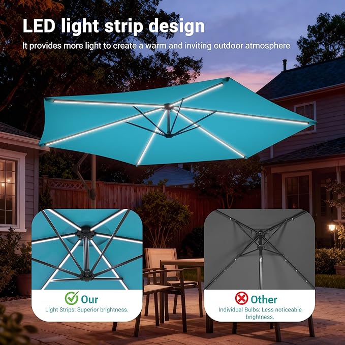 10ft Offset Patio Umbrella with Solar Light Strips,Outdoor Cantilever Hanging Umbrella with Cross Base, Fade Resistant Recycled Fabric, for Pool, Deck, Garden,Backyard,