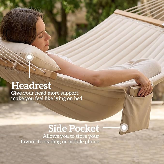 Outsunny Outdoor Hammock, 2-Person Hammock with Head Pillow and Pad, Wood Spreader Bars, 440 lbs Capacity, for Patio Yard Garden, 128" x 55", Cream White