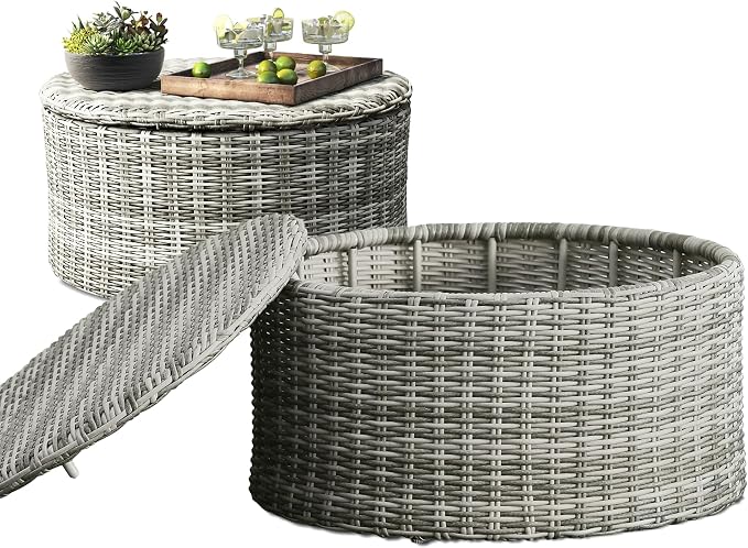 Pemberly Row Contemporary Outdoor Coffee Table, 30-Inch Round Wicker Top, Gray Finish, Weather-Resistant, Hidden Storage, Rust-Resistant Metal Frame, Adjustable Feet, Modern Patio Furniture