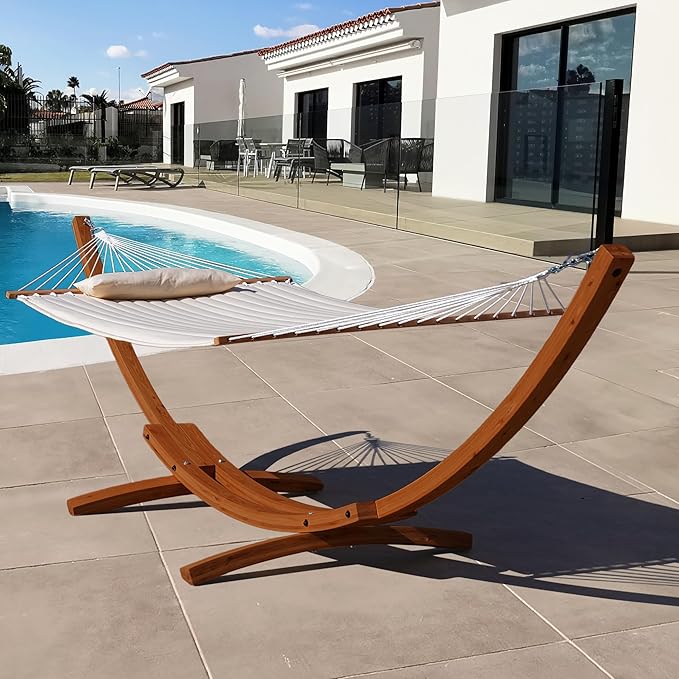 Lazy Daze Hammocks 12 FT Double Quilted Fabric Hammock and 13 FT Brown Wood Arc Stand, with Spreader Bar, Removable Pillow, 2 Person Hammock for Poolside Outdoor Patio, 450 lbs Capacity, Natural