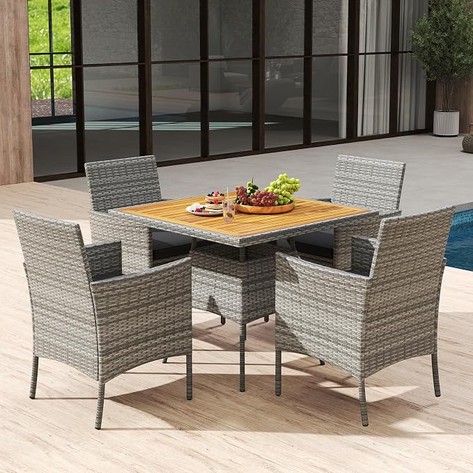 Tangkula 5 Pieces PE Wicker Patio Dining Set, Outdoor Acacia Wood Table and Chairs with Cushions and 1.97" Umbrella Hole, for Deck, Garden and Backyard (Black)