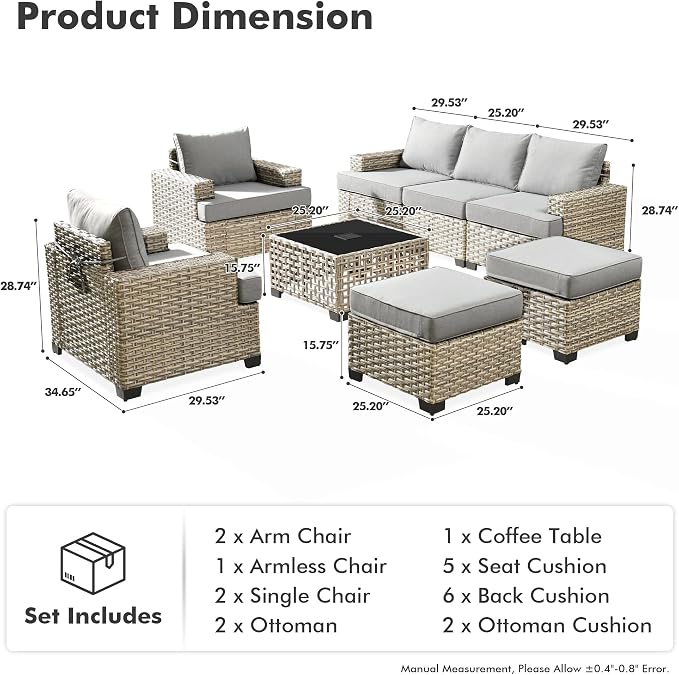 8 Pcs Outdoor Sectional Patio Furniture Set with Ottomans - All Weather Wicker Modular Outside Sectional Couch,Patio Seating Outdoor Conversation Sets for Deck Yard Garden,Grey