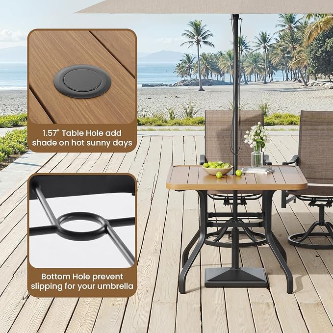 Soohow Outdoor Patio Dining Table with 1.57" Umbrella Hole, 35"x35" Wood-Like Texture, All-Weather Metal Frame for Poolside, Deck, Porch