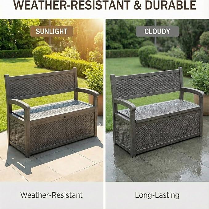 80 Gallon Outdoor Storage Bench, Waterproof Patio Deck Box with Lockable Lid for Garden & Porch, All-Weather Resin Furniture for Cushions, Tools, Pool Accessories