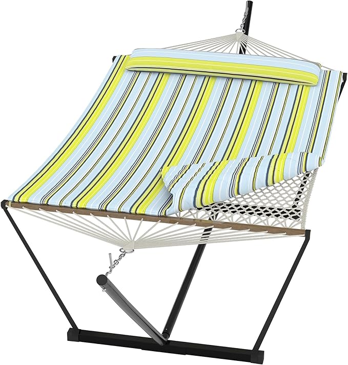 Double Hammocks with Stand for Outside, Heavy Duty Portable Outdoor Hammock with Soft Pillow & Paded, 450 LBS Weight Capacity, Perfect for Outdoor Indoor Patio Backyard Garden