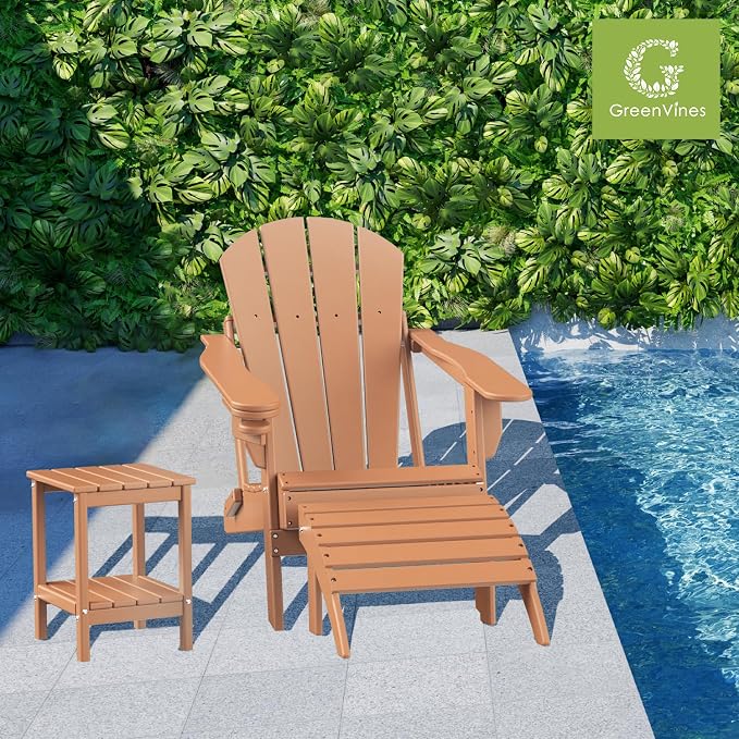 GREENVINES Adirondack-Outdoor-Side-Table | Set of 2 | 14 x 13 Inches | HDPE Plastic | All Weather | Teak | Outside End Tables | Storage Shelf | for Patio Porch Backyard Indoor