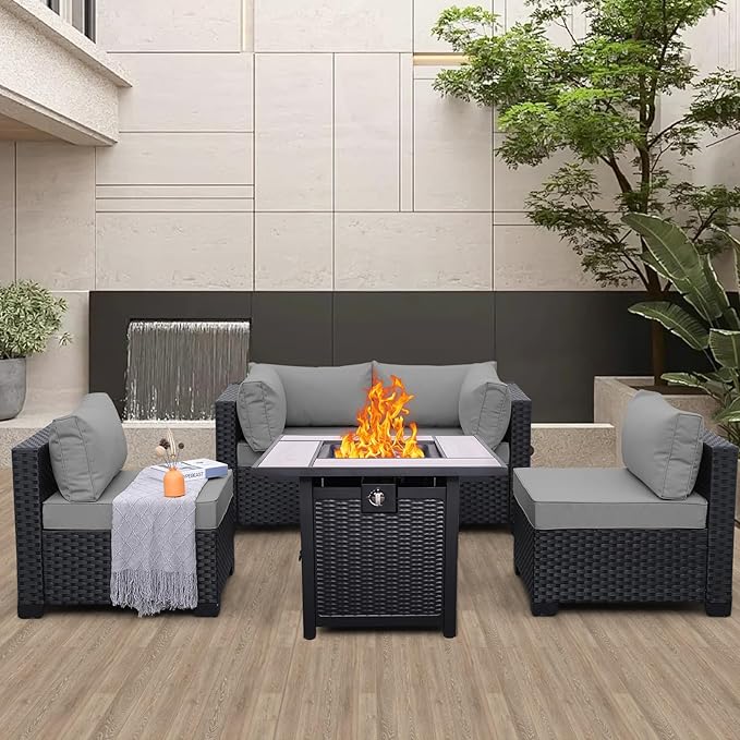 WAROOM Outdoor 5 Piece Patio Furniture Set, Black Rattan Conversation Couch Resin Wicker Sectional Sofa Outside Chair with Propane Fire Pit Table, Grey Cushion