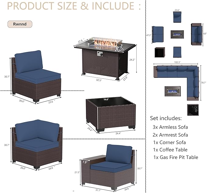 Patio Furniture Set Sofa 7-pcs Wicker Sectional Sofa Set with 55,000 BTU Gas Fireplace Table,Outdoor Furniture Rattan Sets with Tempered Glass Coffee Table