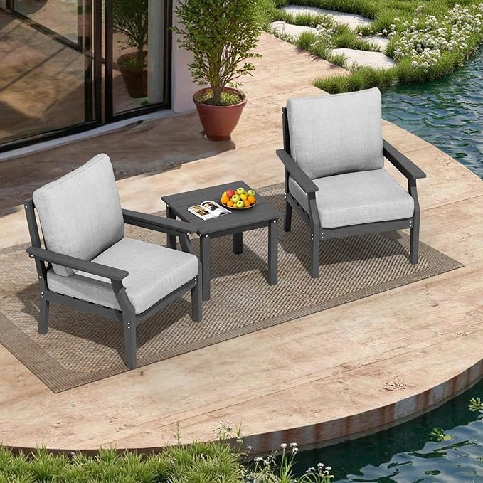 HDPE Patio Conversation Set, 3-Piece All Weather Outdoor Furniture Set with 2 Single Sofas for Deck, Lawn, with Cushion, Gray