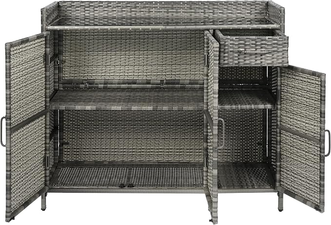 RuiSiSi Wicker Bar Table with Drawer & Adjustable Shelf for Outdoor, Rattan Buffet Cabinet Sideboard with Tempered Glass Desktop, Patio Rattan Bar Table with 3 Doors, Grey