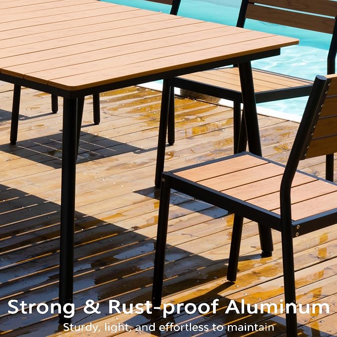 7-Piece Outdoor Dining Set for 6 Person with Teak Wood-Grain Top | Armless Stackable Chairs with 19.4" Seat Depth, Aluminum Frame Dining Furniture with Umbrella Hole for Deck, Porch & Backyard
