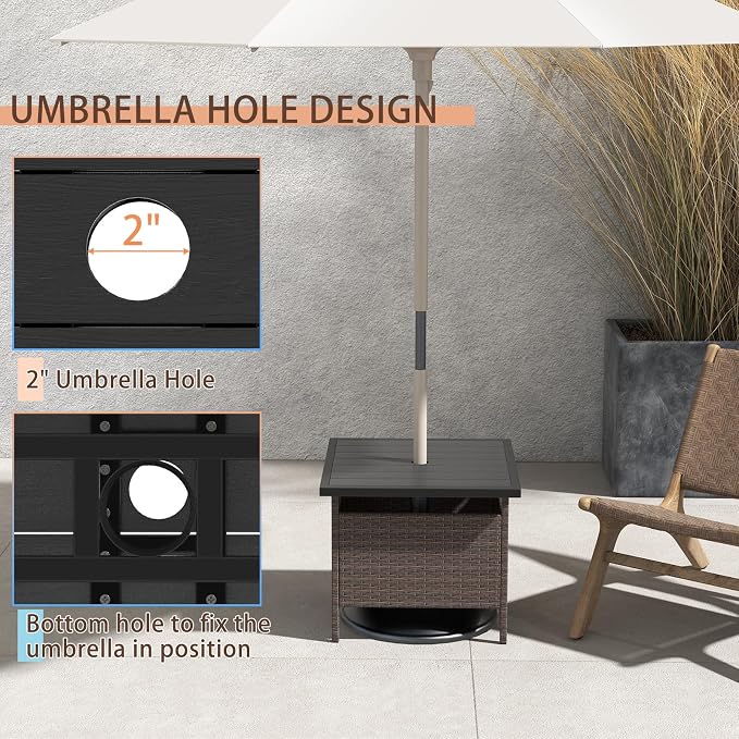 RELAX4LIFE Patio Table with Umbrella Hole, Wicker Rattan Bistro Dining Side Table with Metal Frame, 22'' Square Umbrella Stand Holder for Poolside Backyard Garden Deck, Outdoor Side Table